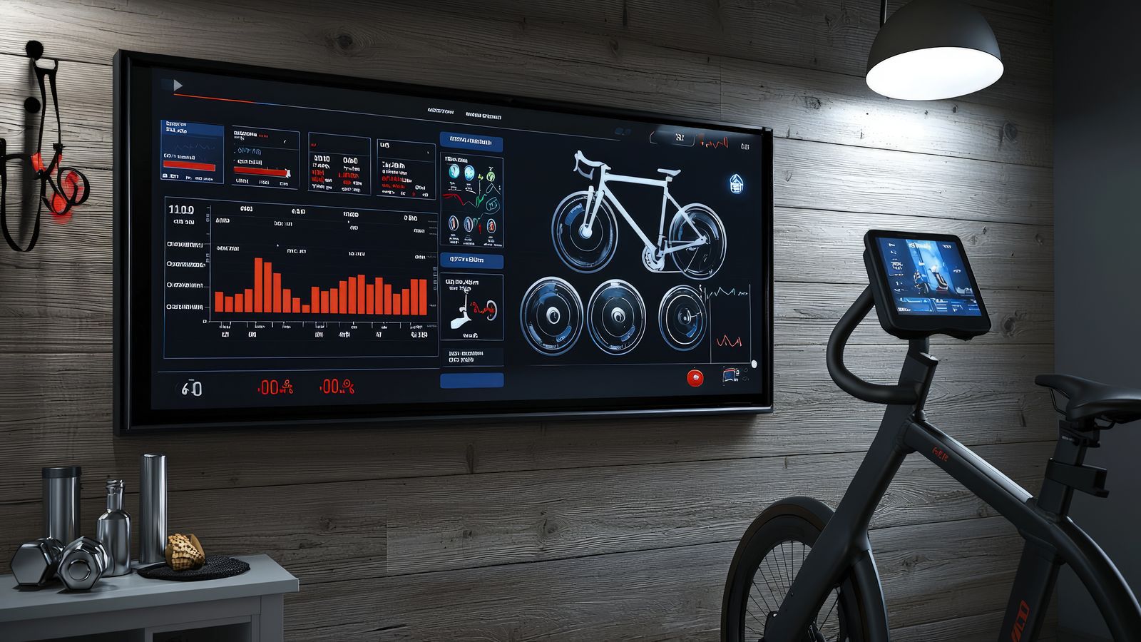 SWEATEMPLE Lit Bike setup with digital interface visible on connected screen