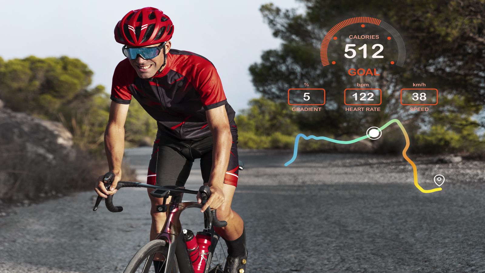 Indoor cyclist engaged with a gamified training interface showing progression indicators
